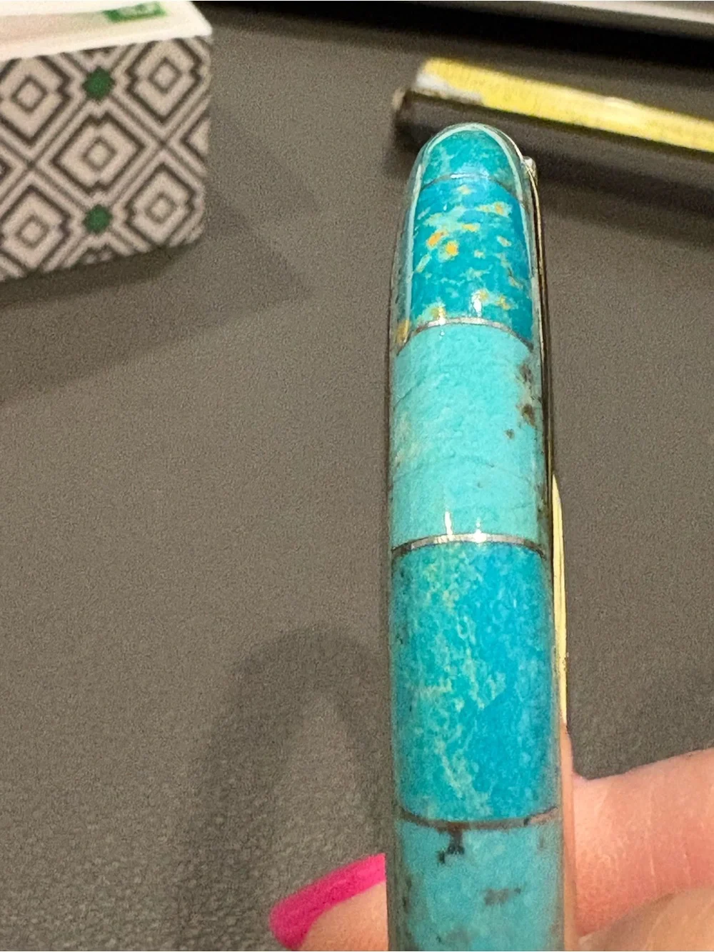 Turquoise Inlay Silver Hinged Bangle Bracelet - Blue Green